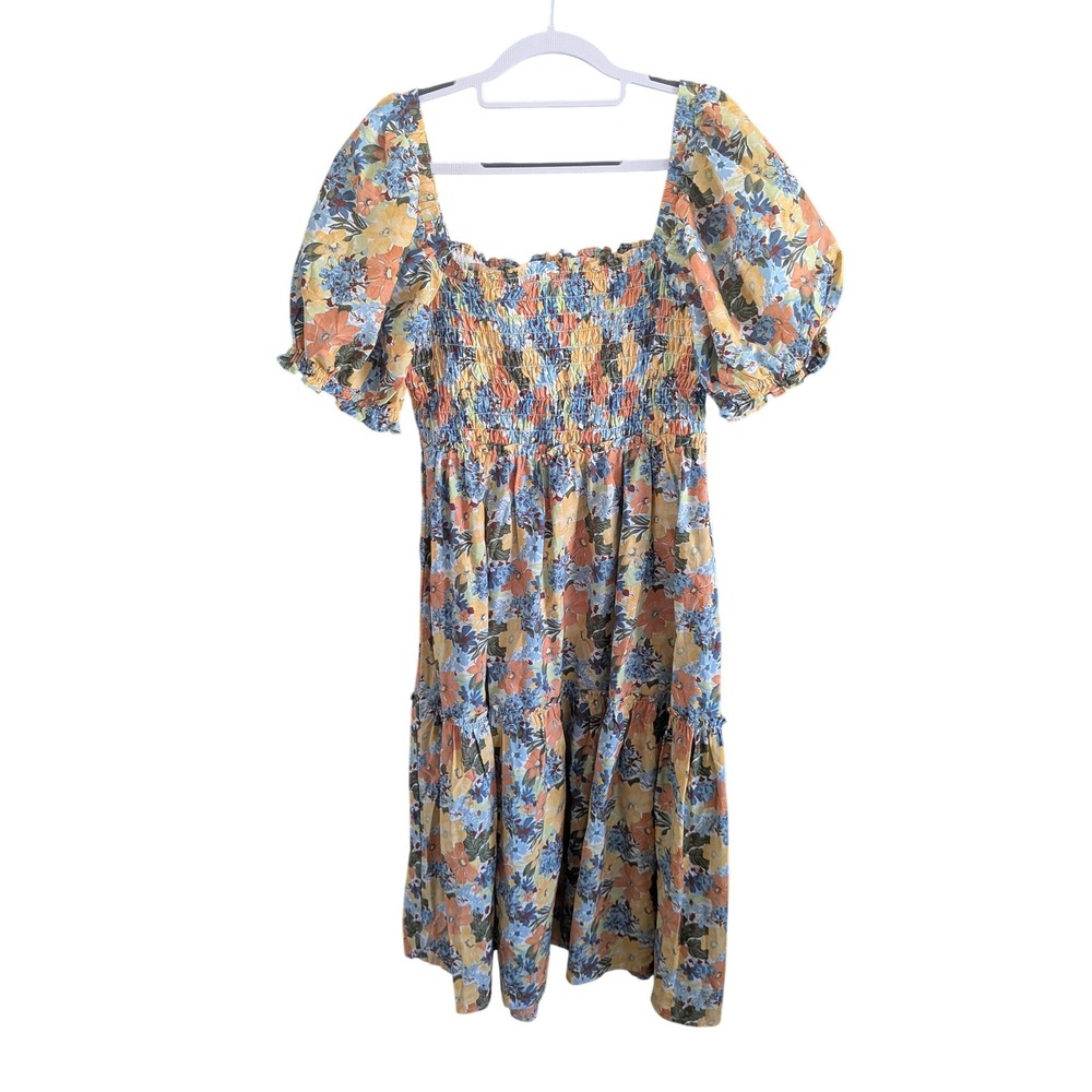 Abercrombie‎ & Fitch Floral Smocked Midi Dress Puff Sleeve Orange Blue Large - Picture 5 of 5